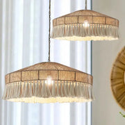 Natural woven decorbites bohemian tassel chandelier with warm earthy tones and soft white tassels for bedroom lighting