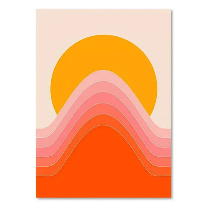 Decorbites™ boho art print with vibrant orange sun and pink coral waves for living room decor and art prints