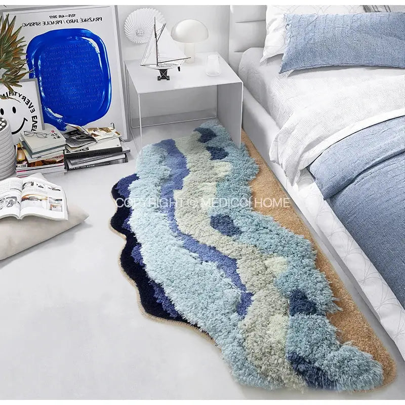 A plush decorbites boho chic mossy rug in blue and beige with a shaggy wavy abstract design for bedroom use