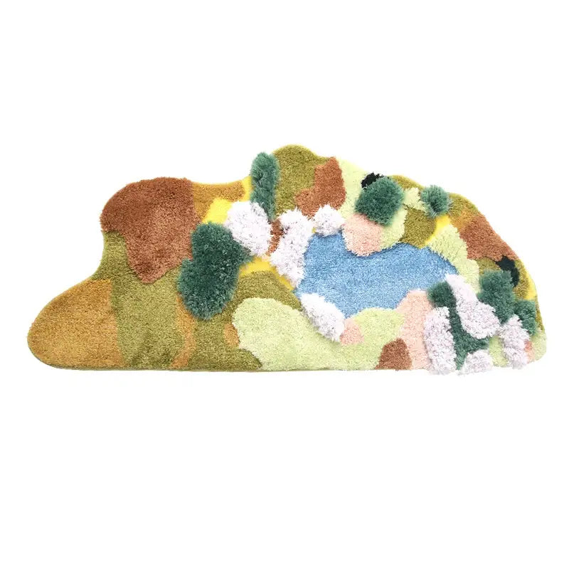 A plush decorbites boho chic mossy rug in blue and beige with raised yarn tufts for bedroom or bath use