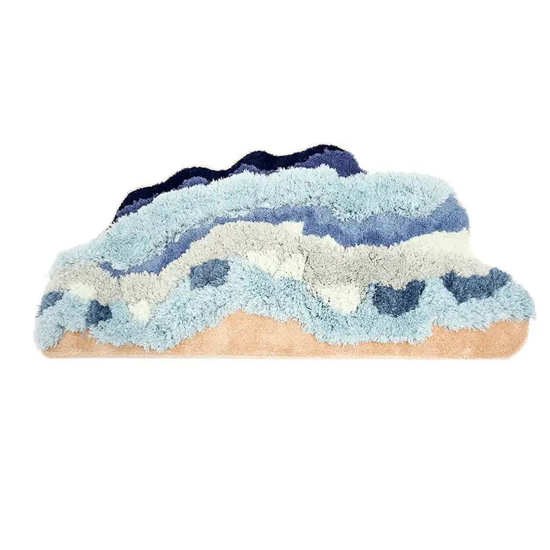 Decorbites boho chic plush layered bath mat in soft blue and beige resembling a coastal landscape for bedroom use