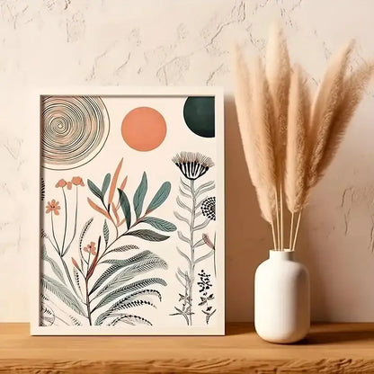A framed boho floral modern botanical illustration print featuring minimalist line art in muted greens peach black and beige