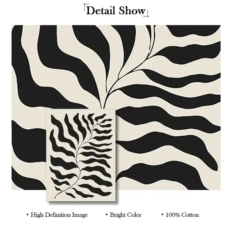 Decorbites™ boho geometric line canvas wall art featuring black and cream zebra-striped cotton fabric with stylized fern leaf design