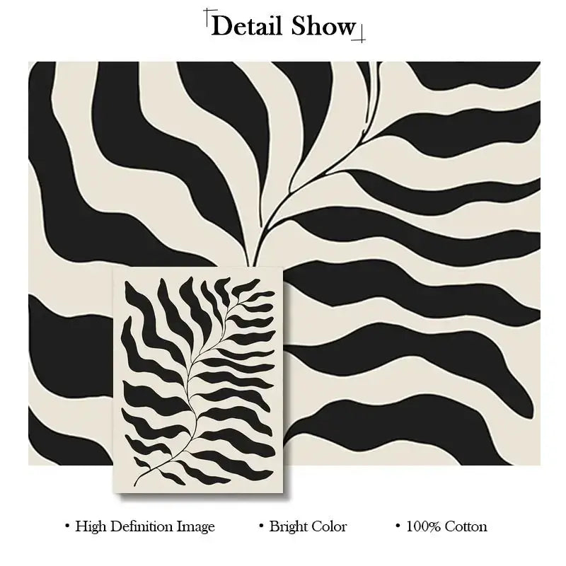 Decorbites™ boho geometric line canvas wall art with black and cream zebra-striped cotton fabric and stylized fern leaf design