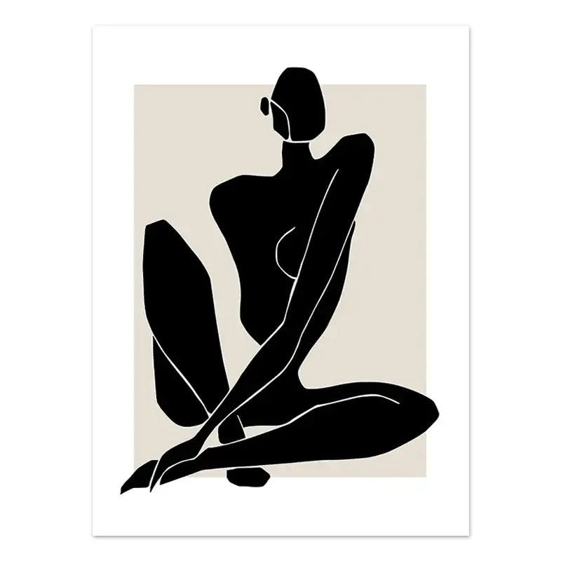Decorbites™ boho geometric line canvas wall art featuring black silhouette seated figure on beige background