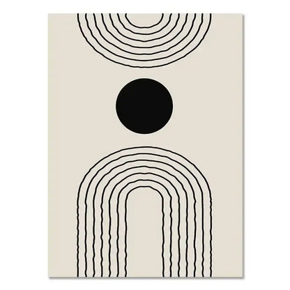 Decorbites™ boho geometric line canvas wall art with bold black concentric arcs and central circle on beige background