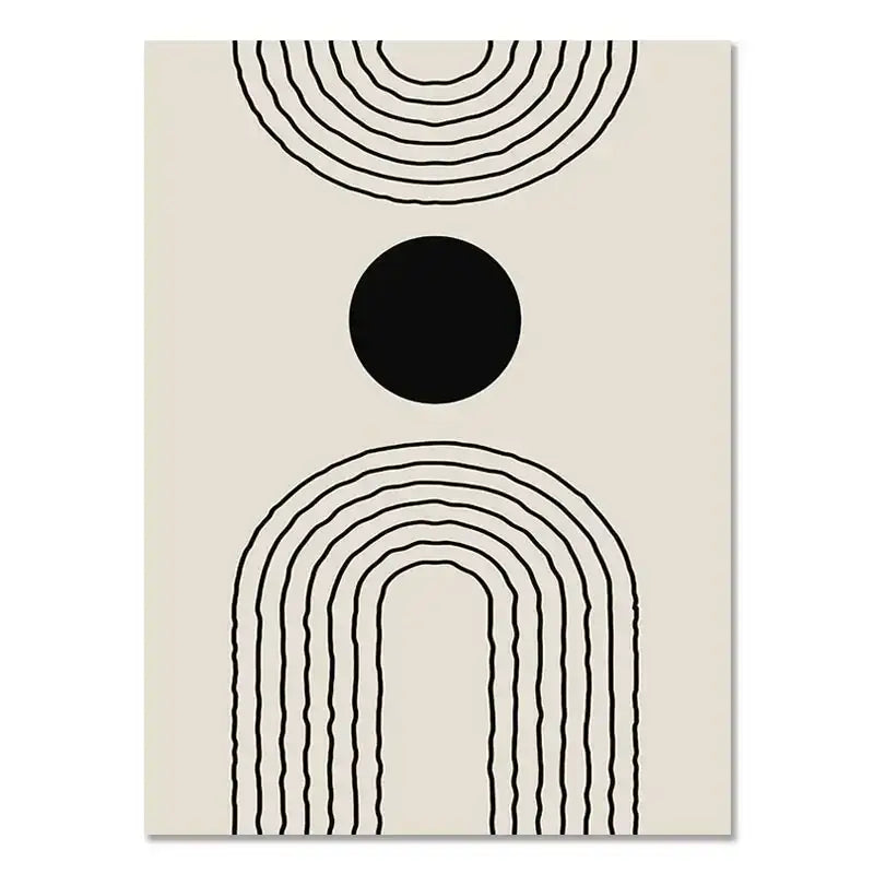 Decorbites™ boho geometric line canvas wall art with bold black concentric arcs and central circle on beige background