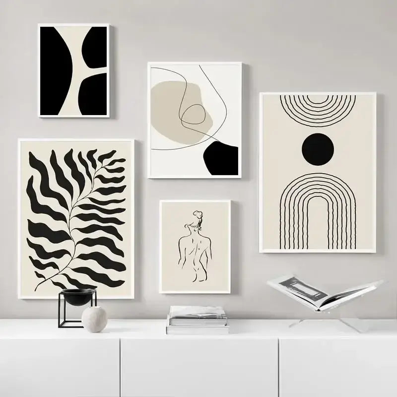 Decorbites™ boho geometric line canvas wall art featuring minimalist black and white abstract prints in white frames