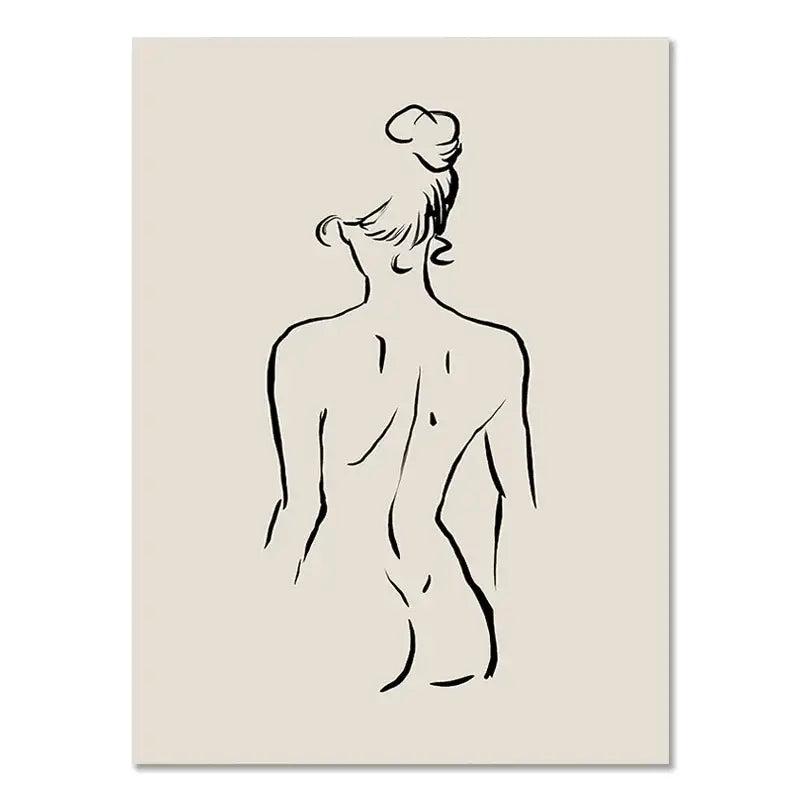 Minimalist black geometric line drawing of a woman’s back on beige canvas in DecorBites™ boho geometric line wall art