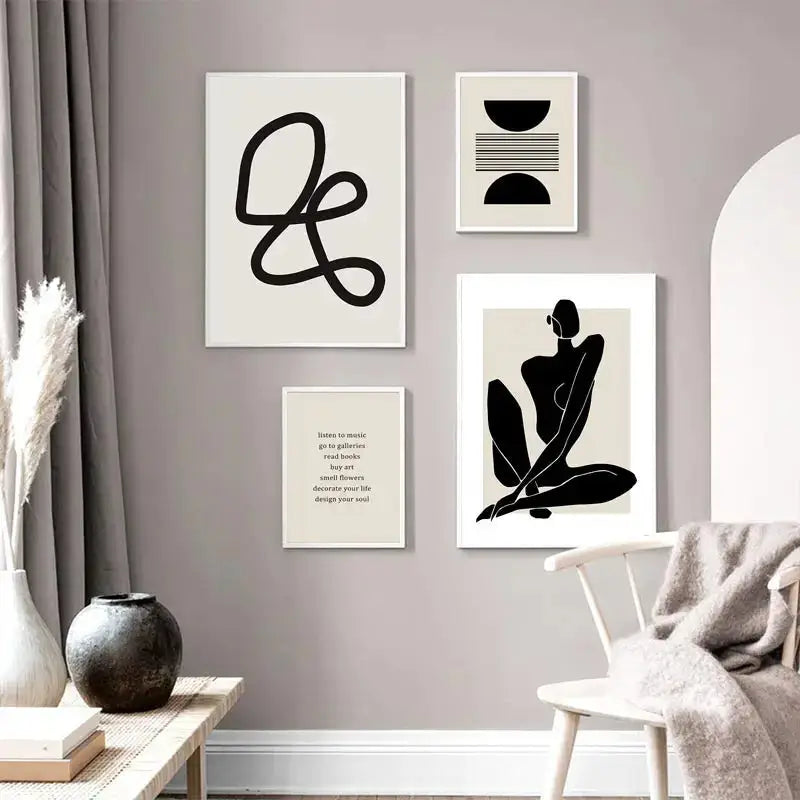 Minimalist black-and-white boho geometric line canvas wall art prints in white frames by decorbites™ displayed on wall