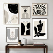 Set of six minimalist black and white boho geometric line art prints in sleek frames from DecorBites™ wall art collection