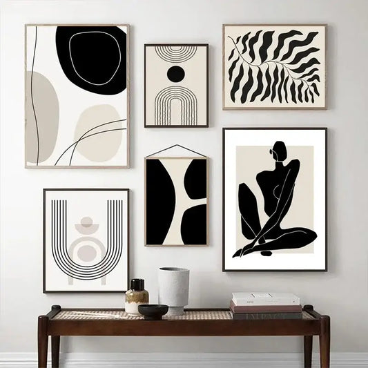 Set of six minimalist black and white boho geometric line art prints in sleek frames from DecorBites™ wall art collection