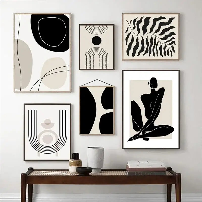 Set of six minimalist black and white boho geometric line art prints in sleek frames from DecorBites™ wall art collection