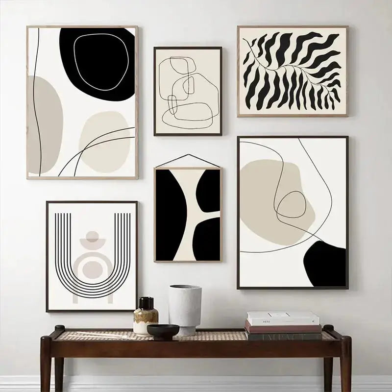 Set of six decorbites™ boho geometric line minimalist abstract art prints in black white beige with wooden frames
