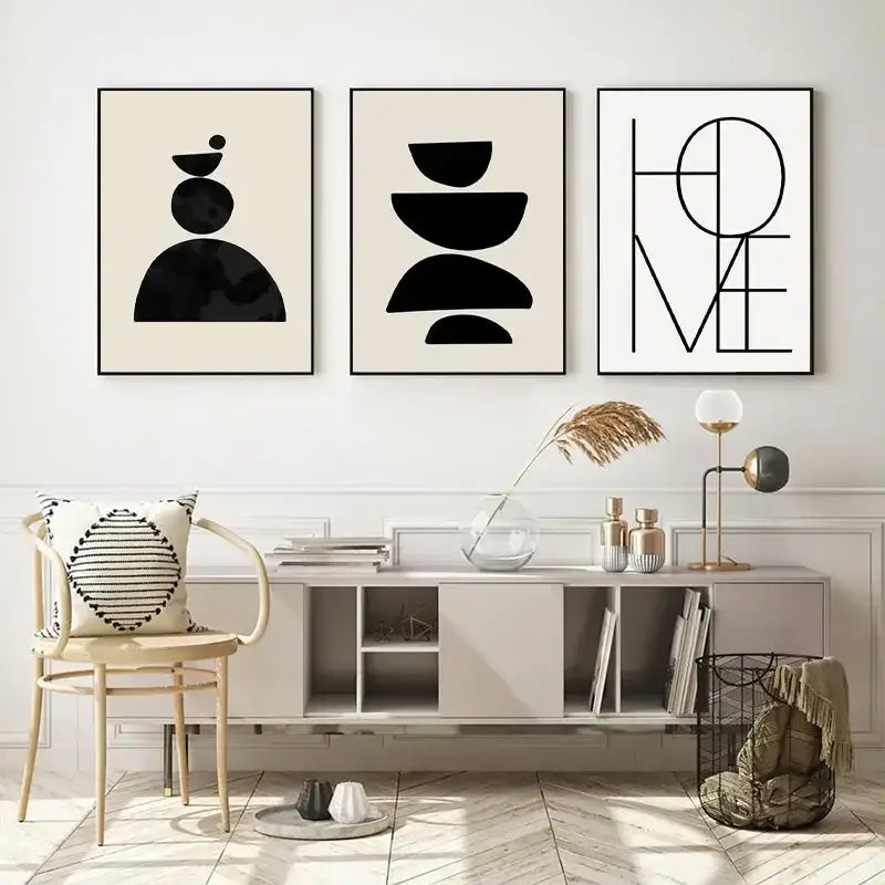 Three minimalist black-and-white framed decorbites™ boho geometric line canvas wall art with abstract shapes and typography