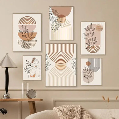 Set of six nordic minimalist boho light wall art prints with earthy tones and botanical motifs on canvas panels