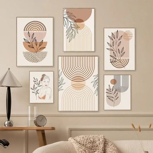 Set of six nordic minimalist boho light wall art prints with earthy tones and botanical motifs on canvas panels