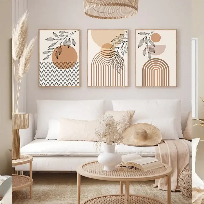 Set of three nordic minimalist boho light wall art prints with botanical motifs and geometric arcs in light wood frames