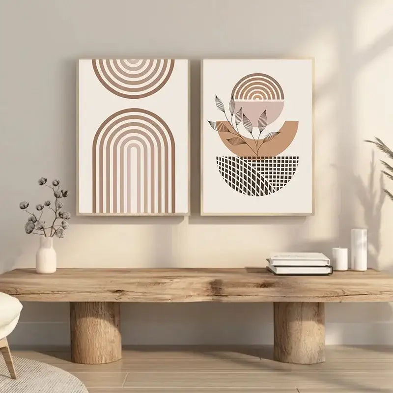 Two minimalist abstract boho light canvas wall art prints in earthy beige and brown tones for nordic minimalist decor