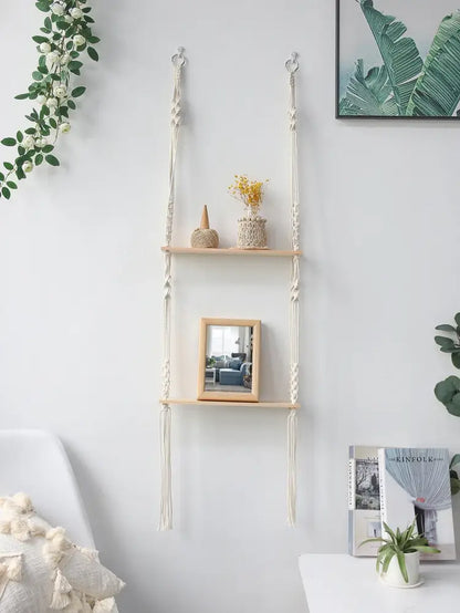 Beige DecorBites™ boho macrame wall shelf with wooden slats and decorative knots for stylish home decor