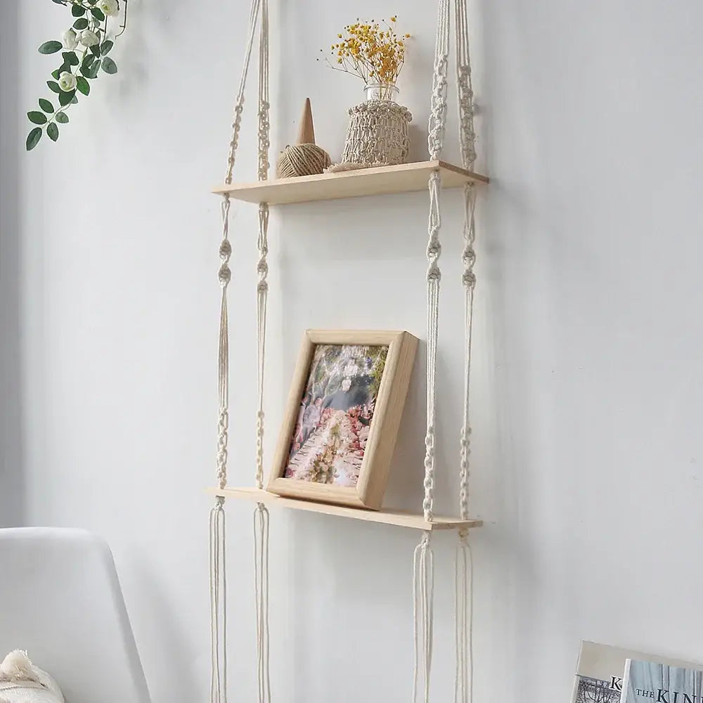 Beige decorbites boho macrame wall shelf with wooden slats and decorative knots for stylish home decor display