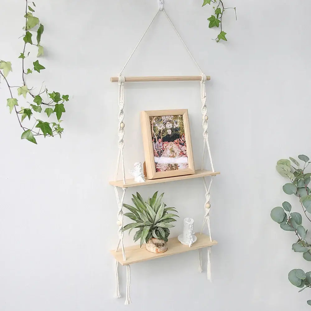 DecorBites™ boho macrame wall shelf with light wood shelves and white cord for stylish home decor use