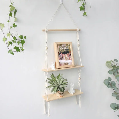 DecorBites™ boho macrame wall shelf with light wood shelves and white cord for stylish home decor use