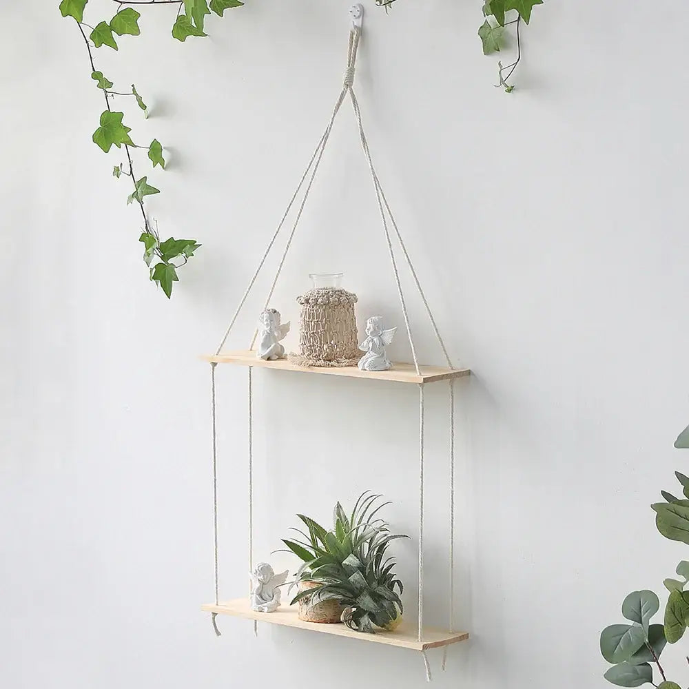 DecorBites™ boho macrame wall shelf with two-tier light wood slats and natural cords for stylish home decor
