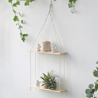 DecorBites™ boho macrame wall shelf with two-tier light wood slats and natural cords for stylish home decor