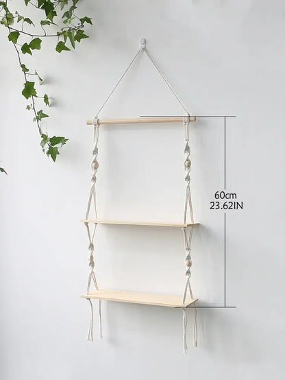 Decorbites™ boho macrame wall shelf with two light wood shelves and white cords for stylish home decor