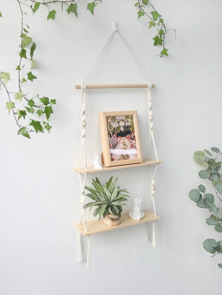 Decorbites boho macrame wall shelf with two light wood tiers white cords and wooden beads for home decor