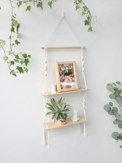 Decorbites boho macrame wall shelf with two light wood tiers white cords and wooden beads for home decor
