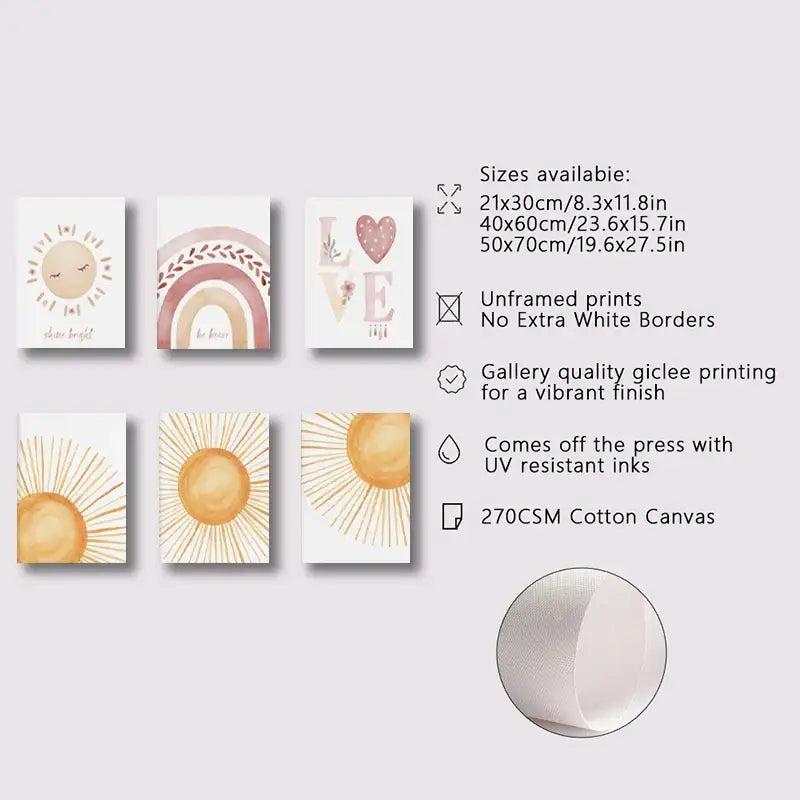 Set of six unframed boho rainbow sunshine giclee prints on 270csm cotton canvas with pastel suns rainbows and love heart