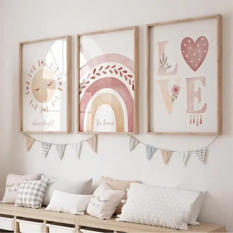 Three framed watercolor boho rainbow sunshine nursery posters in pastel pink beige and soft brown hues with floral details