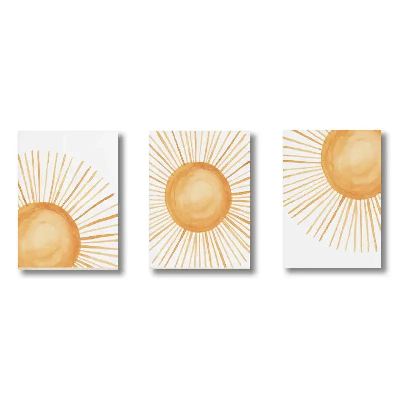 Set of three minimalist boho rainbow sunshine nursery posters featuring warm golden-orange watercolor sun art on white canvas