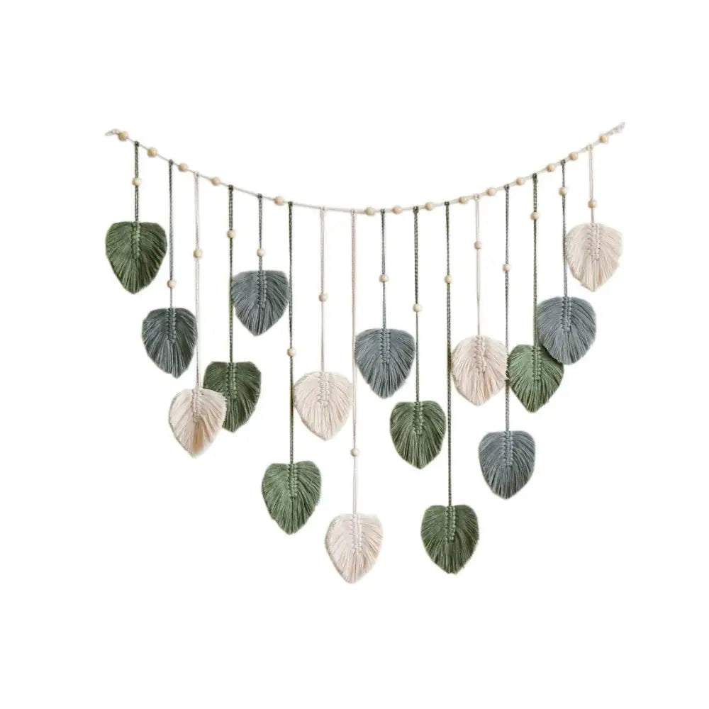 DecorBites™ boho style handmade macrame leaf wall hanging in green gray and cream for living room decor