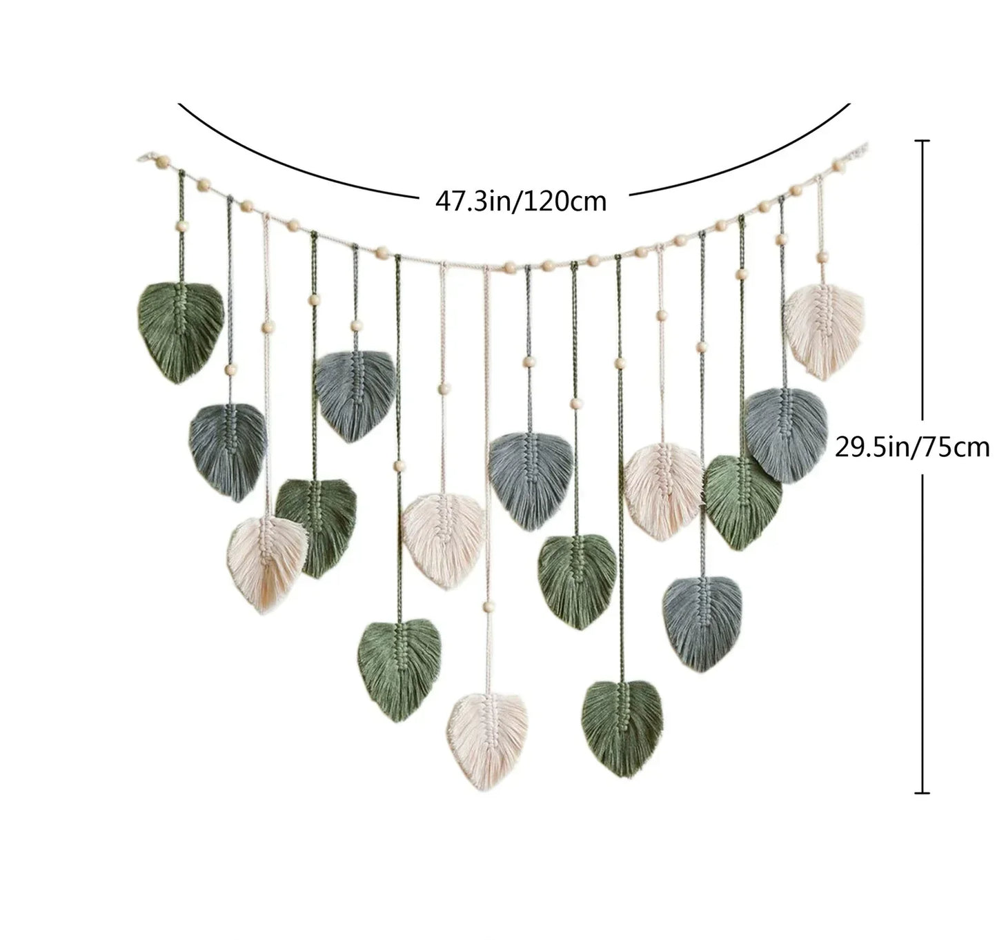 DecorBites™ boho style handmade macrame leaf wall hanging tapestry in green gray cream for living room decor