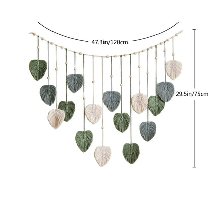 DecorBites™ boho style handmade macrame leaf wall hanging tapestry in green gray cream for living room decor