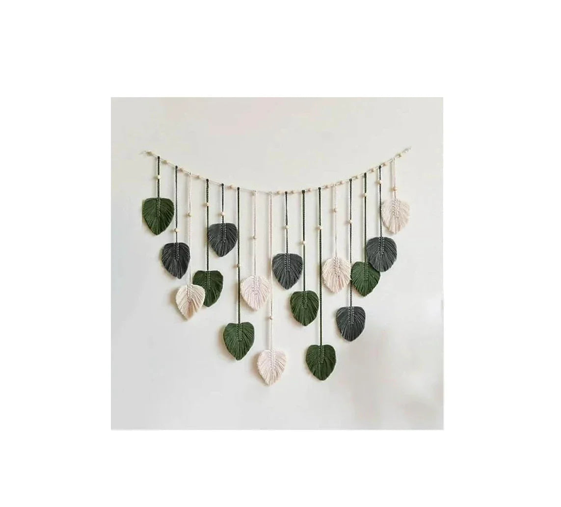 DecorBites™ boho style handmade tapestry with green gray and cream macrame leaf wall hanging for living room decor