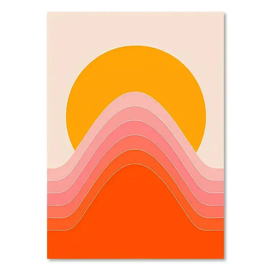 DecorBites™ boho sunset art prints featuring vibrant orange sun and retro stripes art for living room decor