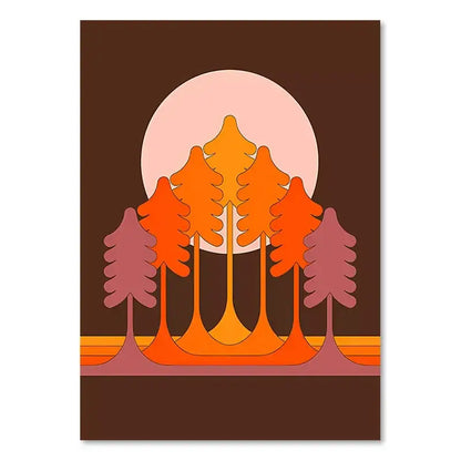 Stylized forest scene boho sunset art prints with gradient orange and pink trees for living room decor by decorbites