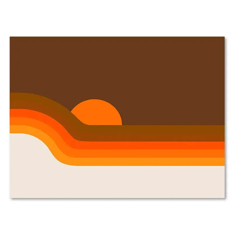 Decorbites™ boho sunset rainbow art prints featuring minimalist orange sun and layered wavy bands on canvas wall decor