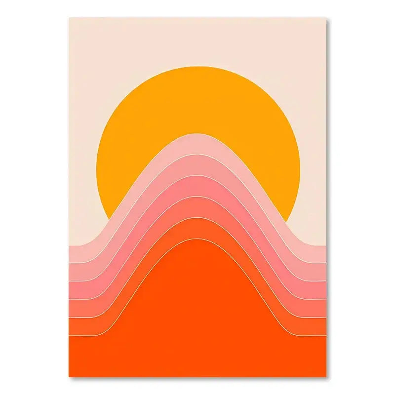 DecorBites™ boho sunset rainbow art prints on canvas feature a vibrant orange sun and layered pink coral waves