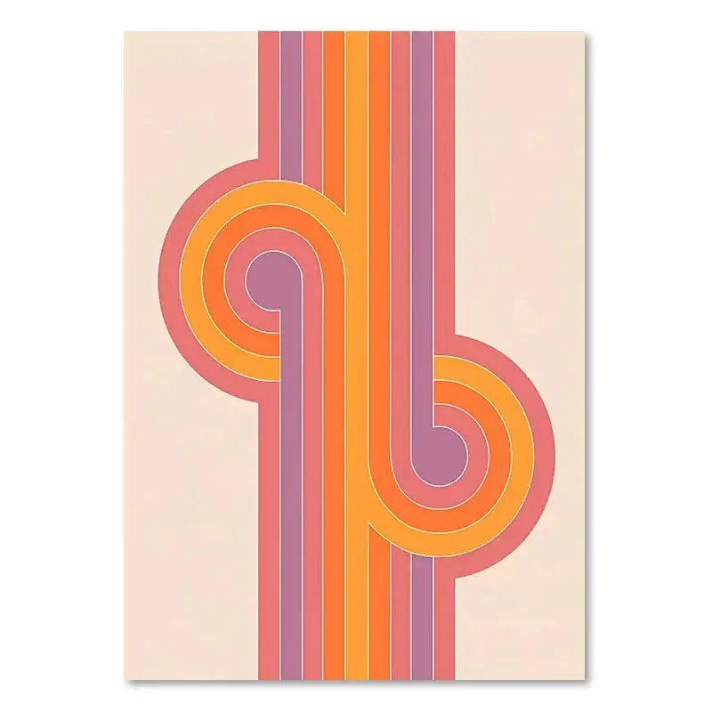 Pastel peach canvas art print featuring bold concentric stripes in orange and mauve with a boho sunset rainbow design