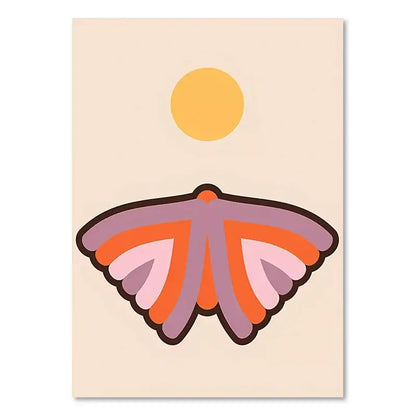 A stylized flat-design moth with purple and orange layered wings in boho sunset rainbow art prints on canvas wall decor