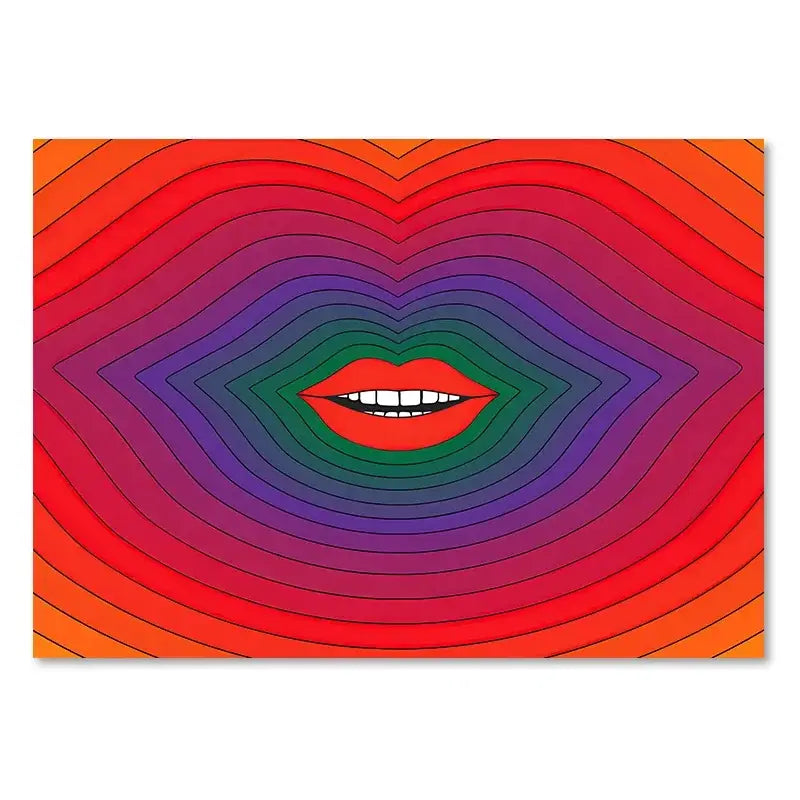 DecorBites boho sunset rainbow art print with vibrant red lips in concentric orange purple and green waves on canvas wall decor