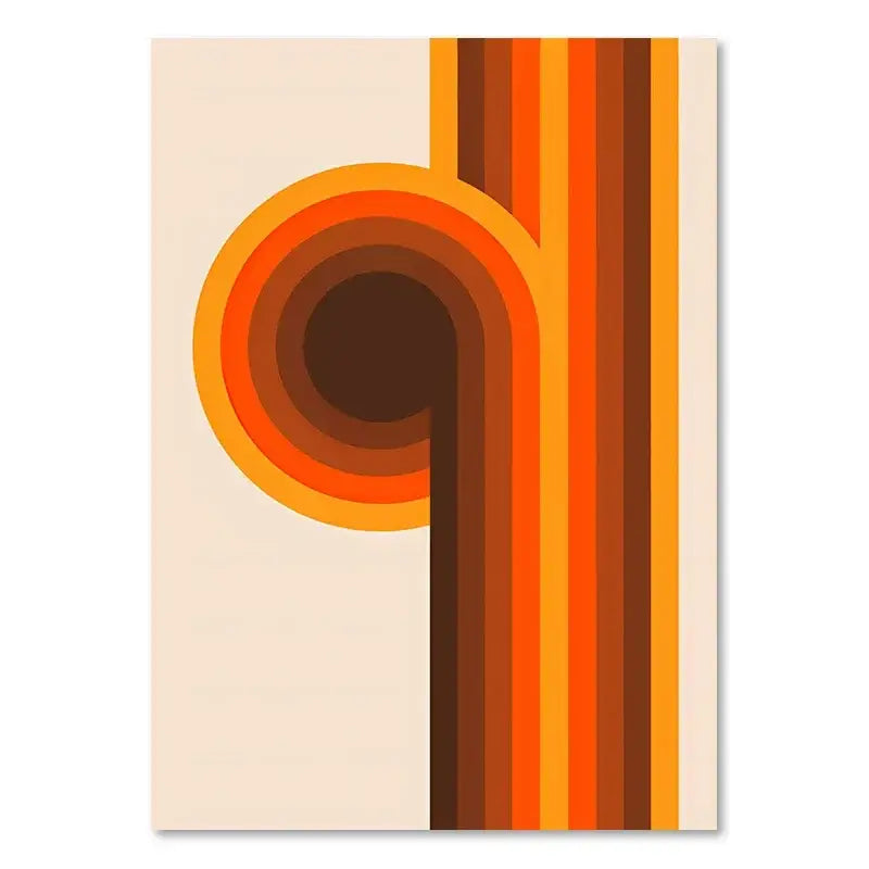 Decorbites™ boho sunset rainbow art prints featuring vibrant retro orange and brown circular swirls on canvas wall decor