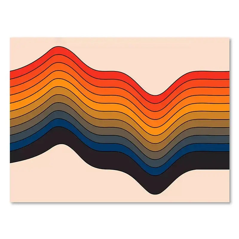DecorBites™ boho sunset rainbow art prints feature vibrant retro wavy stripes in warm and cool tones on canvas