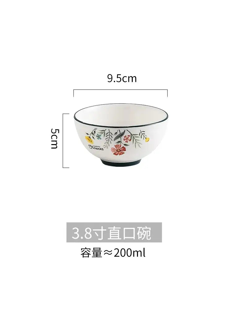 Decorbites bone china rice noodles bowl in white with delicate red yellow and green floral pattern rim design