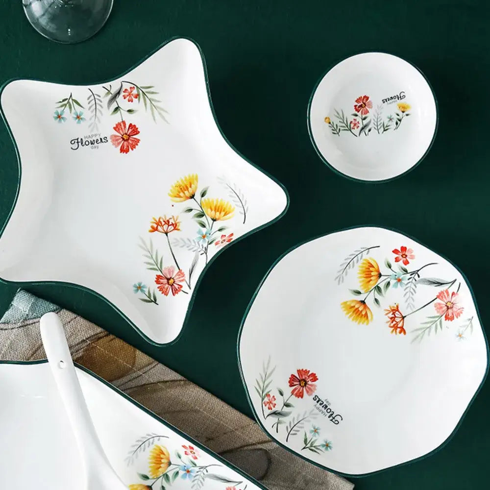 Decorbites™ bone china rice noodles bowl and dinner plate set with white ceramic and red yellow green floral design featuring flowers text